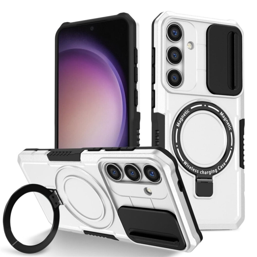 Case For Samsung Galaxy S25 6.2" – Sliding Camera Cover, Magsafe Compatible, Shockproof, Hidden Kickstand & Ring Holder, White 9418476667077