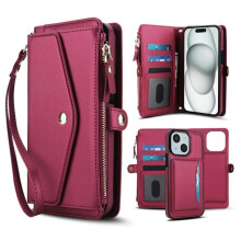 RFID Blocking 2-in-1 Magnetic Flip Wallet Case for iPhone 13 – Soft PU Leather, Multi-Card Slots, Zipper Pocket, Detachable Shoulder & Wrist Straps,