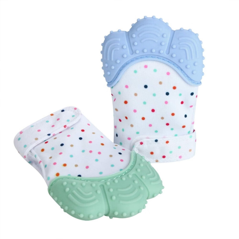 Soothing Teething Mitten 2 Pack,Pain Relief,Protection Glove,Stimulating Teether,0-12 Months ( Green) Blue/Green