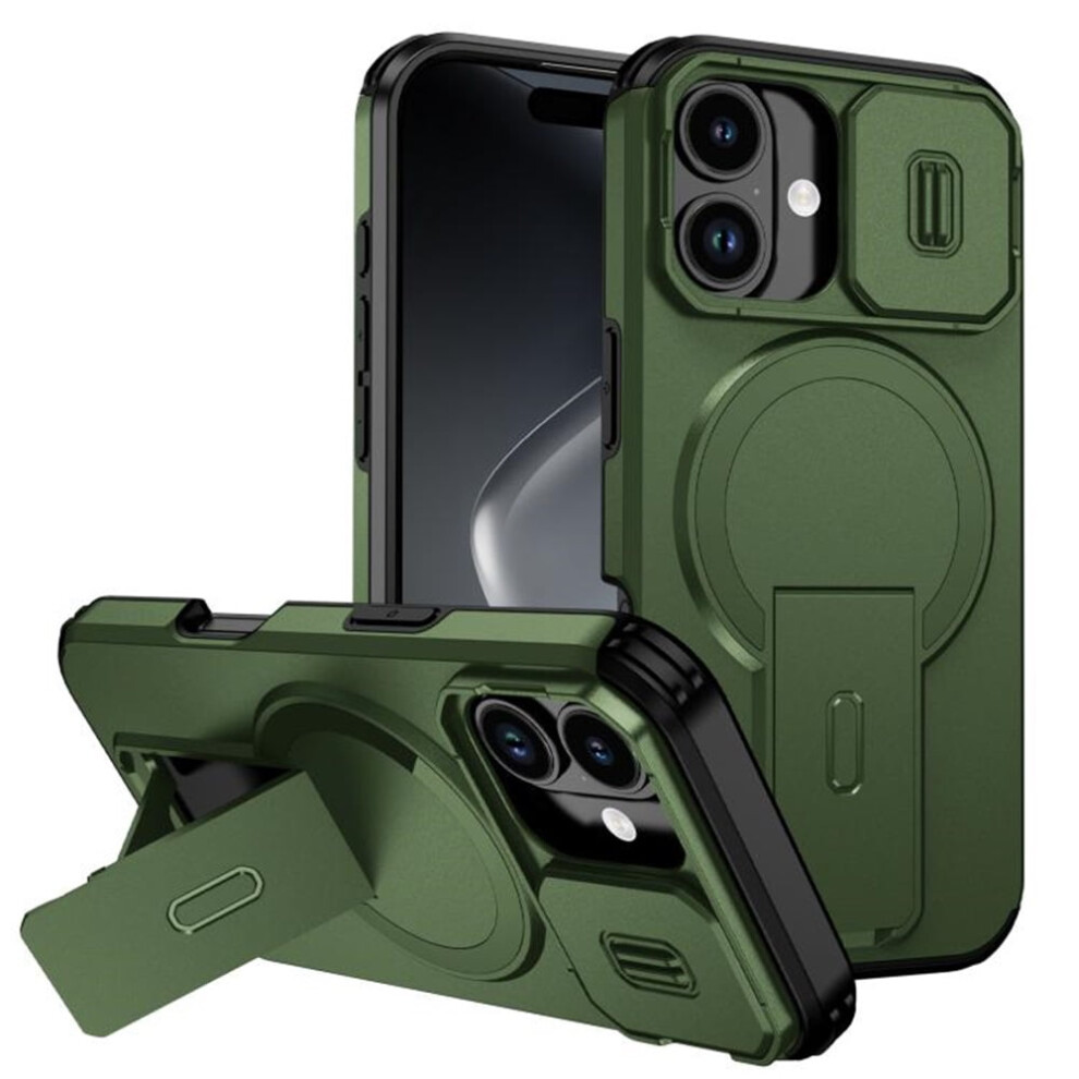 Iphone 16 (6.1") Case: Magsafe Wireless Charging, Invisible Fold Stand, Sliding Camera Cover, Shockproof – Compatible With Iphone 16 Green 9152228507630