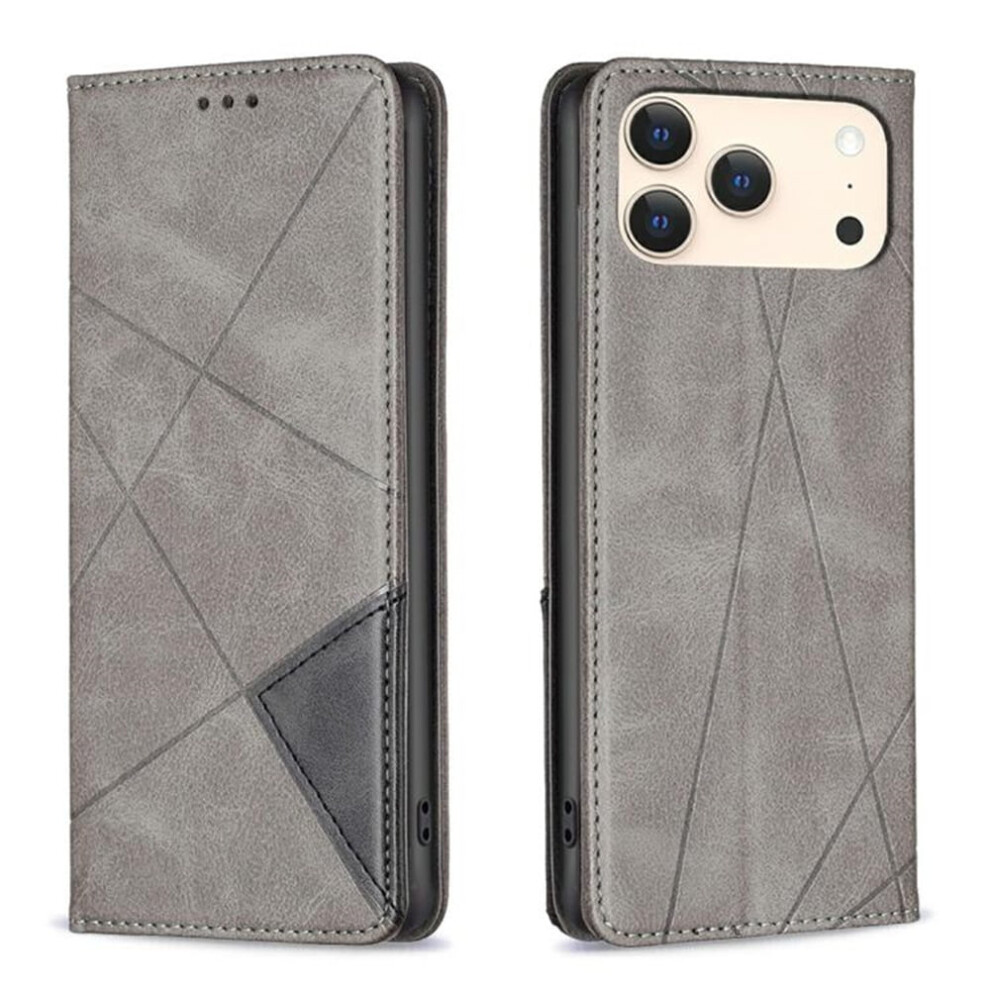 Rhombus Flip Wallet Leather Case For Iphone 17 Pro Â Magnetic, Shockproof, Kickstand, Card Holder, Grey 9418476668968