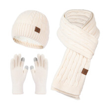 Women's Winter Knit Set, Fleece Lined Cuffed Beanie, Matching Scarf & Gloves, 3-Piece Thickened Winter Set, Warm Cold Weather Accessories Beige