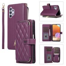 Luxury Leather Wallet Case for Samsung Galaxy A32 4G (6.4"), with Wrist/Shoulder Strap, 9 Card Slots, Zipper Purse, Stand, Checkered Design, Deep