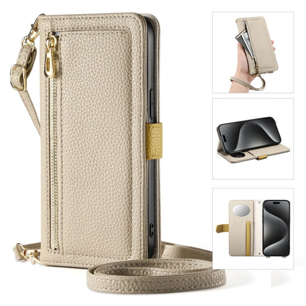 Eseble Leather Case For Google Pixel 9 Pro Xl / Pixel 10 Pro Xl – 3-Card Holder, Zipper Bills Slot, Mirror, Detachable Lanyard & Wristlet, Khaki 9130661902311