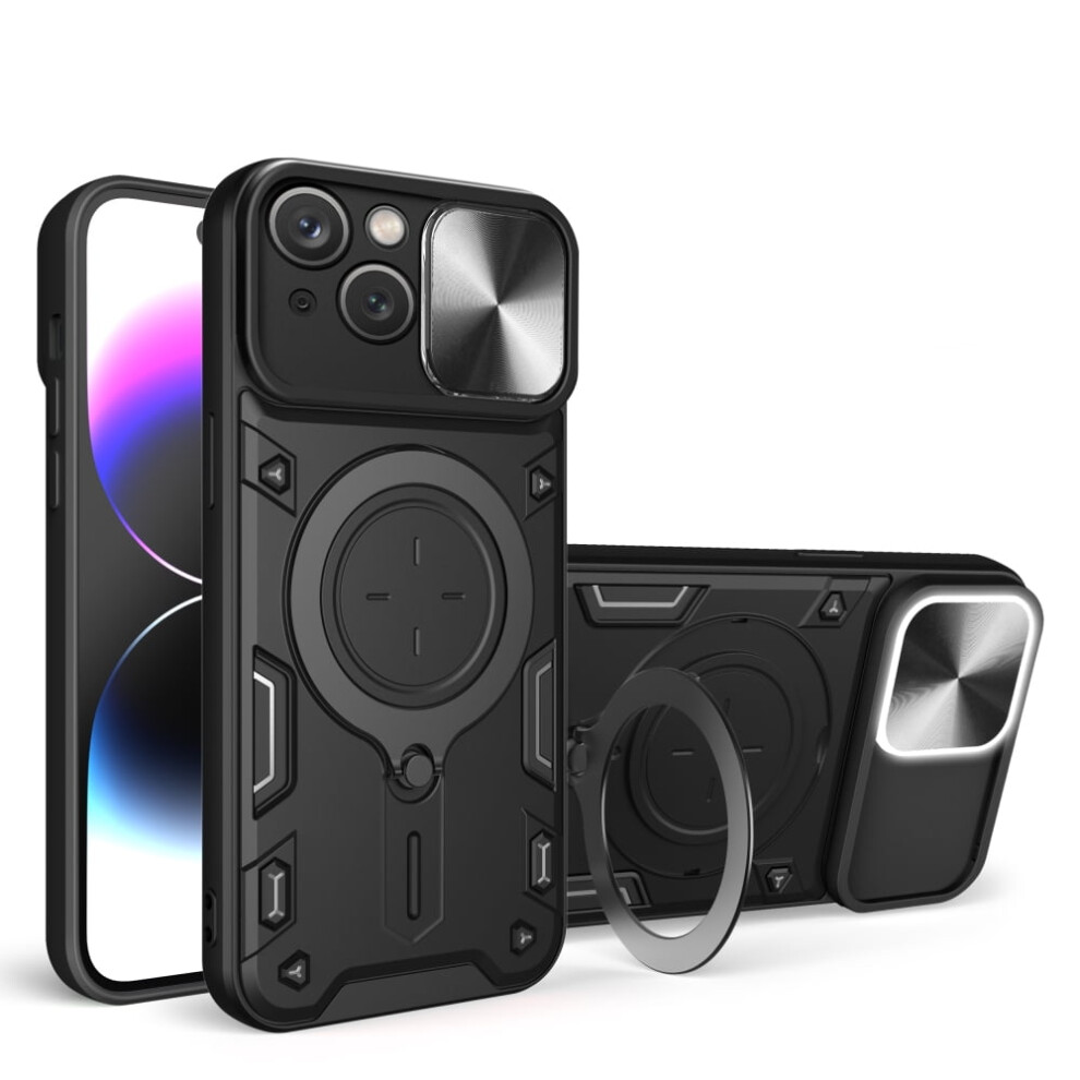 Heavy Duty Case For Iphone 15 Plus 6.7", Magnetic Car Mount, Sliding Lens Cover, Rugged Pc+Tpu Shockproof Case, Black 9418476671128