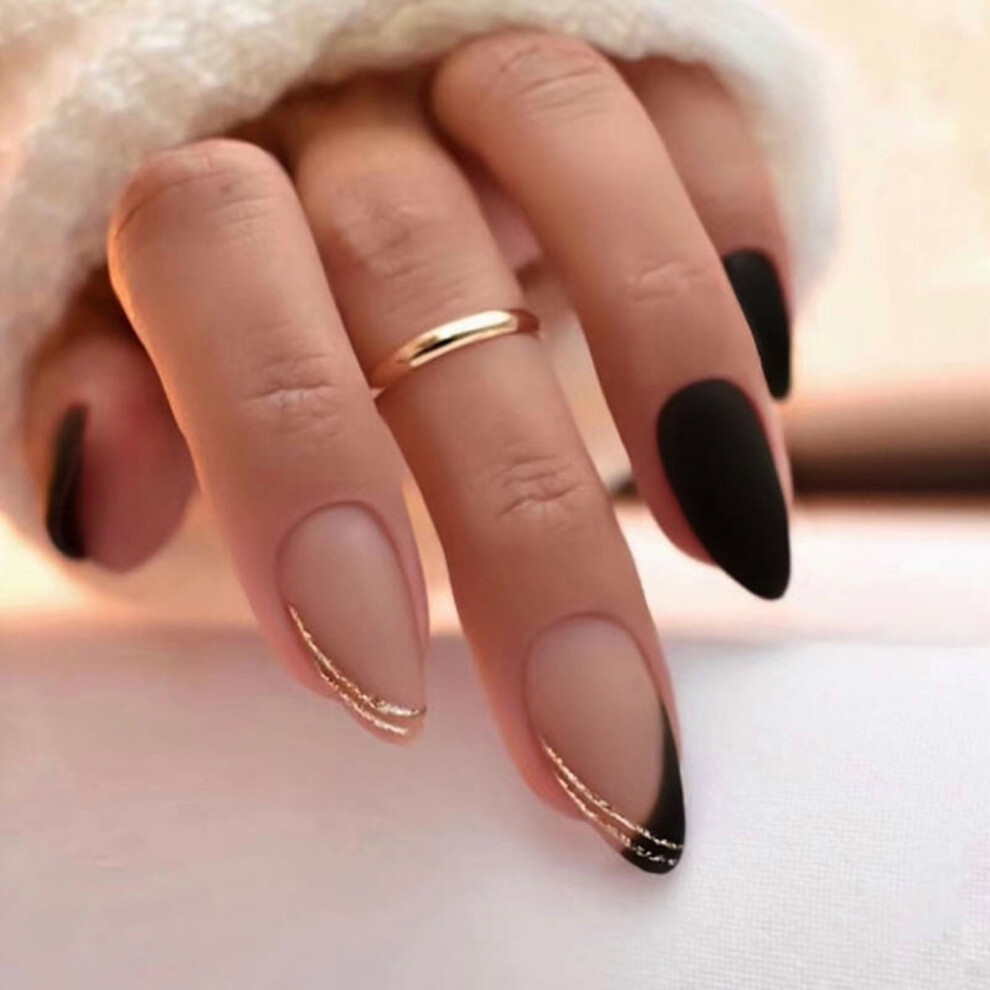 Press on Nails Medium Almond Fake Nails French Tips False Nails 24 pcs Stick on Nails for Women