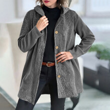 Jaqueta feminina de veludo cotelê, manga comprida, capuz, modelagem solta, cor sólida, em mistura de algodão e elastano, ideal para outono e