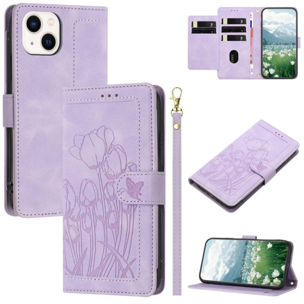 Tulip-Embossed Leather Wallet Case For Iphone 14 Purple 9180435661982