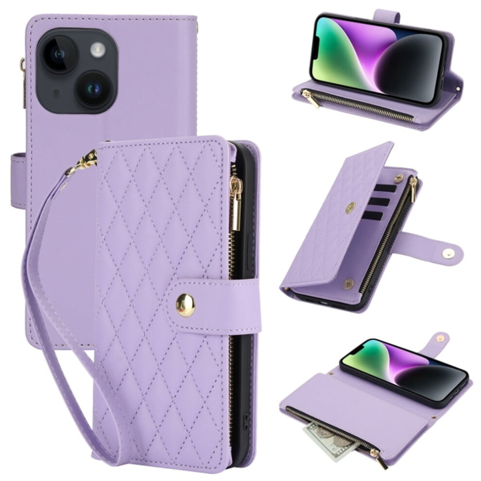 Rfid-Blocking Flip Wallet Case For Iphone 14 Plus (6.7") Â 3-Card Slots, Kickstand, Wrist Strap, Lanyard & Zipper Purple 9130661902915