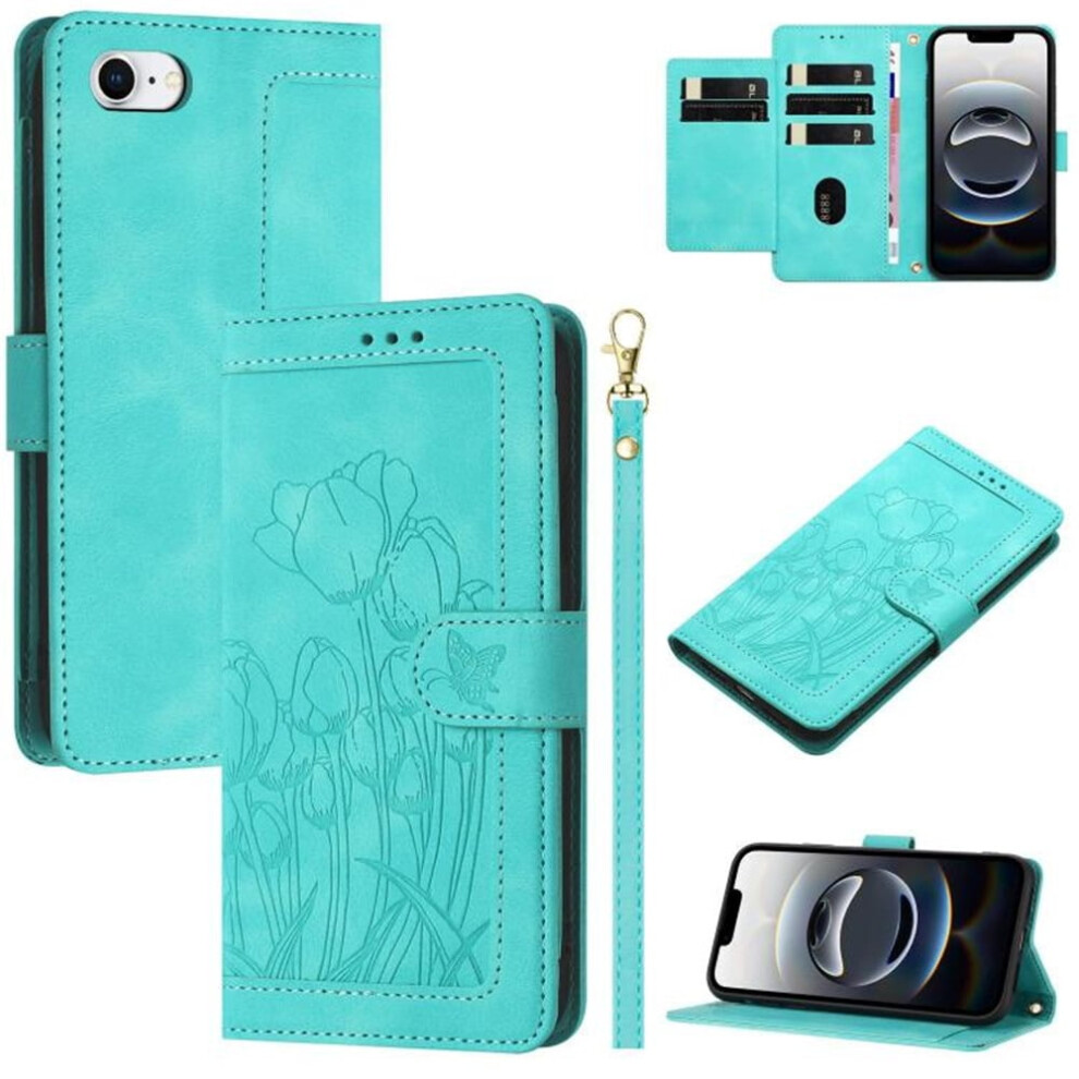 Leather Flip Wallet Case For Compatible With Iphone 16E Â Tulip Embossed, 5-Card Holder, Magnetic Closure, Detachable Wrist Strap, Shockproof, Green 9130661901826