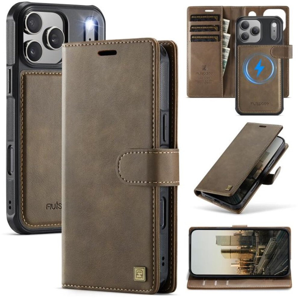 Rfid-Blocking Magsafe Purse Case For Iphone 17 Pro 6.3" Â 3-Card Slots, Kickstand, Flip & Shockproof, Brown 9130661903172