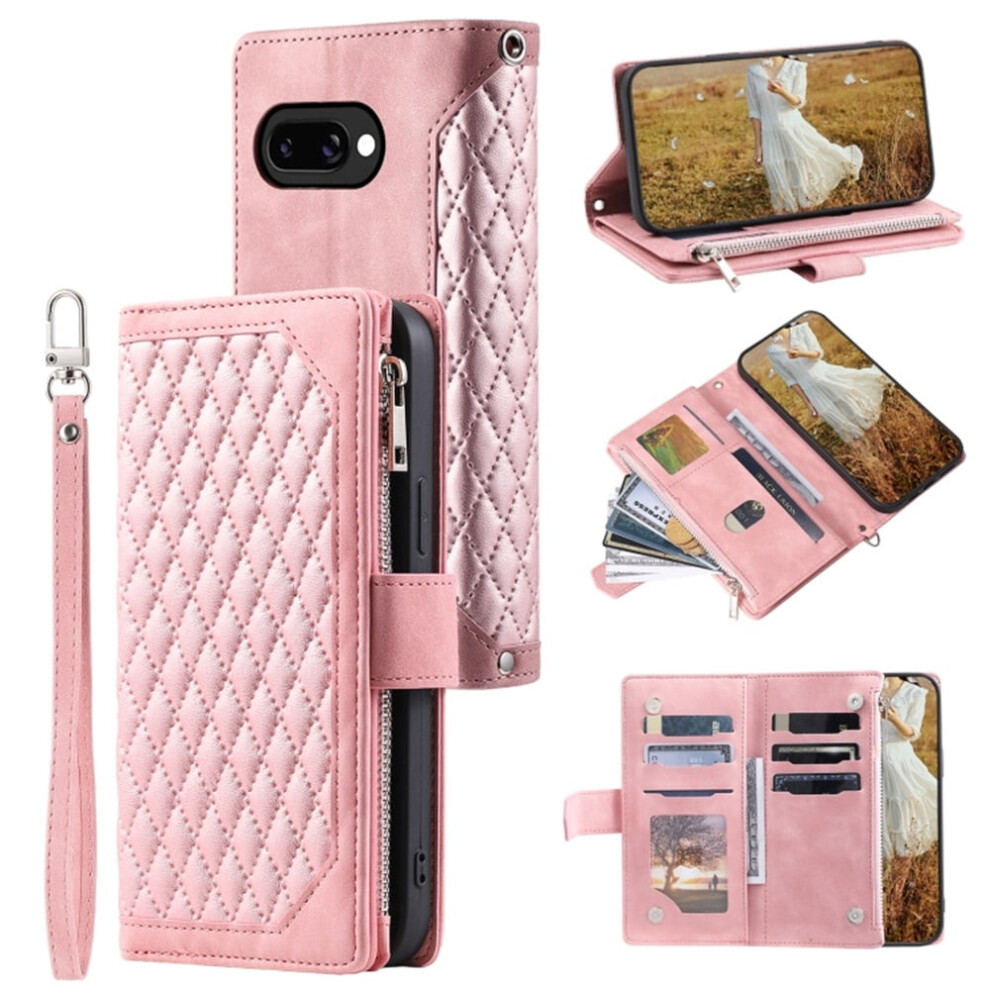 Case For Google Pixel 9A Checkered With 6-Card Slots Holder Kickstand Wrist Strap Lanyard Zipper Pu Leather Flip Wallet Case,,For Pixel 9A Pink 9130661903264