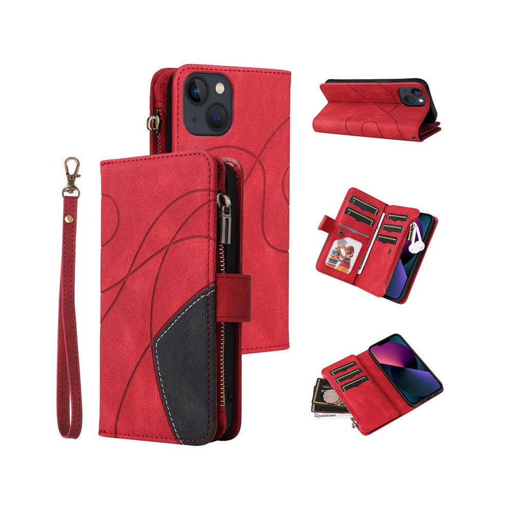 Iphone 13 Wallet Case With 9-Card Holder, Zipper Pocket & Magnetic Closure Â Pu Leather Folio With Wrist Strap, (6.1") Red 9152228507296