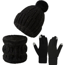 Womens Winter Beanie Hat Scarf Gloves 3 In 1 Set Fleece Lined Beanie Pompom Hat Gloves Scarf for Cold Weather