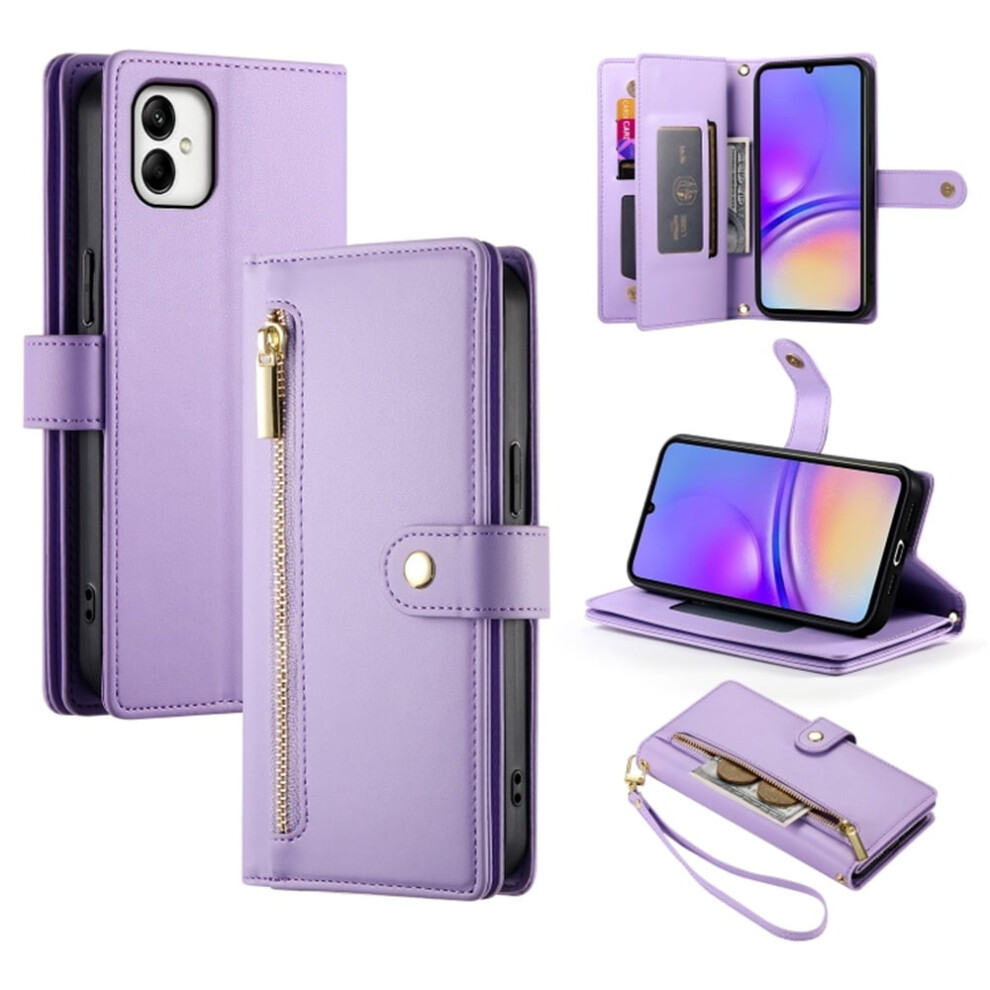 Leather Wallet Case For Samsung Galaxy A05 (6.5") Â Multi-Card Slots, Zipper Pocket, Lanyard Strap, Wristlet Purple 9152228504219