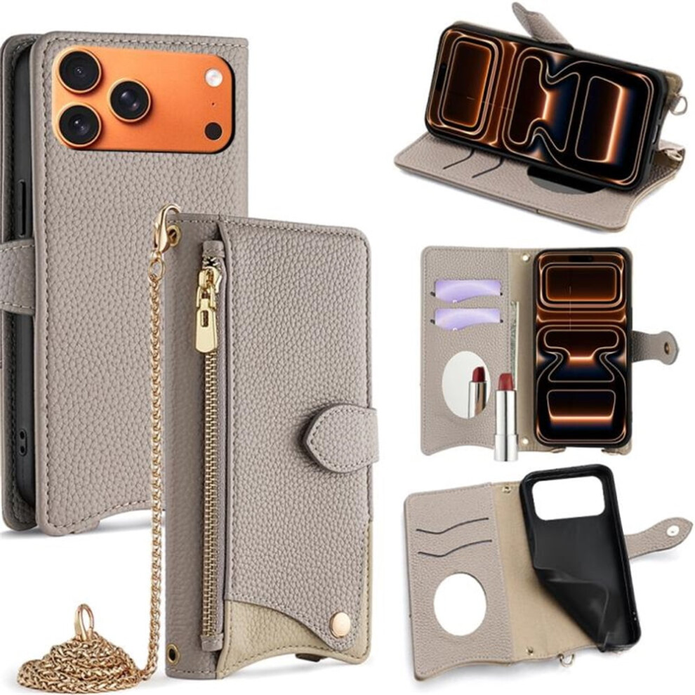 Pu Leather Magnetic Flip Wallet Case For Iphone 17 Pro MaxâMulti-Card Slots, Zipper Pocket, Hidden Mirror & Detachable Metal Strap, Grey 9130661905343