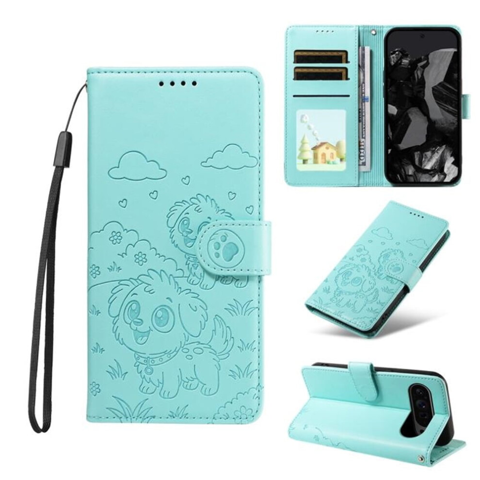 Dog Embossing Leather Phone Case For Google Pixel 9 Â Rfid Wallet, Magnetic Clasp, Lanyard & Flip Stand Green 9130661905756