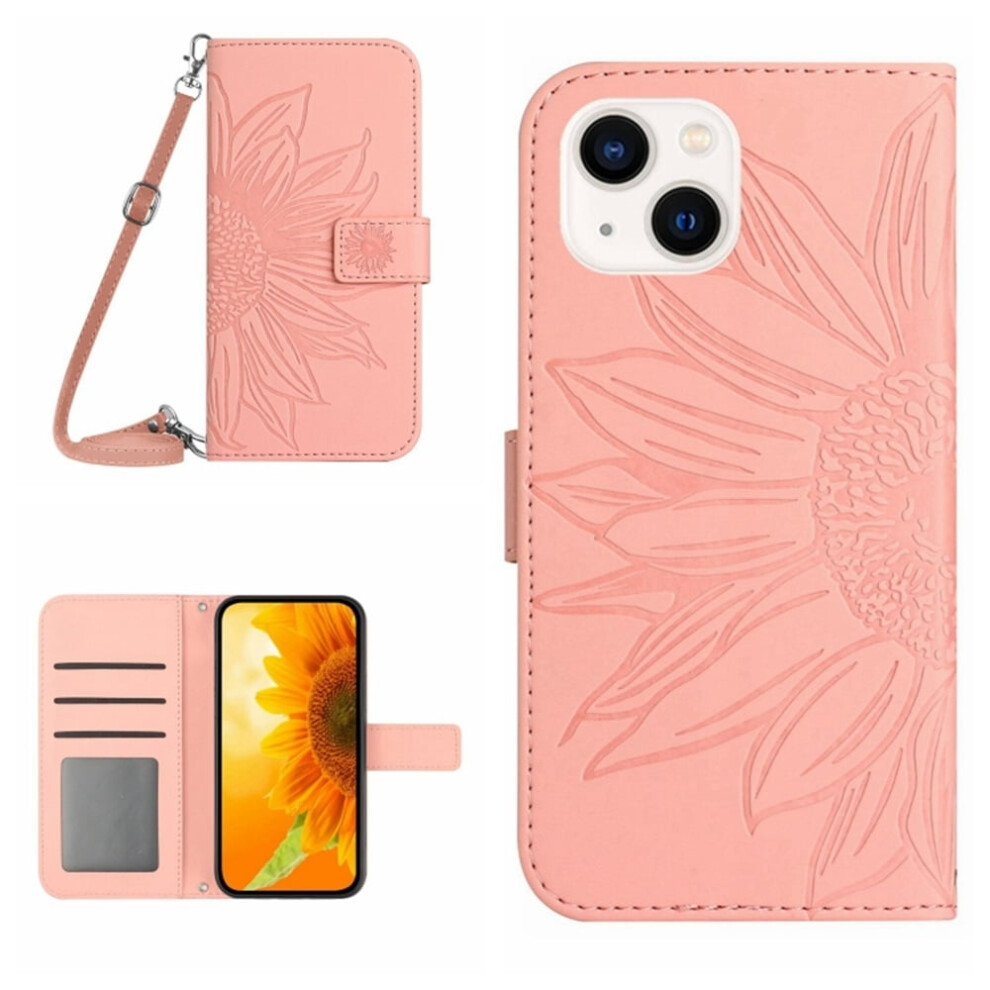 Pu Leather Flip Wallet Case With Sunflower Embossing, Strong Magnetic Closure, Card Slots & Hanging Rope—Compatible With Iphone 15 Plus 6.7" Pink 9130661904674