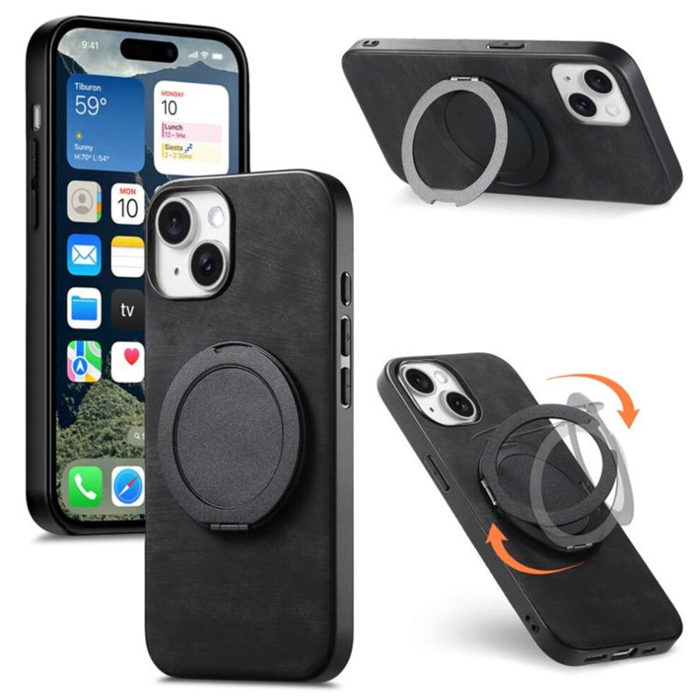 For Compatible With Iphone 15 Case Retro Leather Circular Rotating Stand Shockproof Phone Case,,For Compatible With Iphone 15 Black 9152228504752