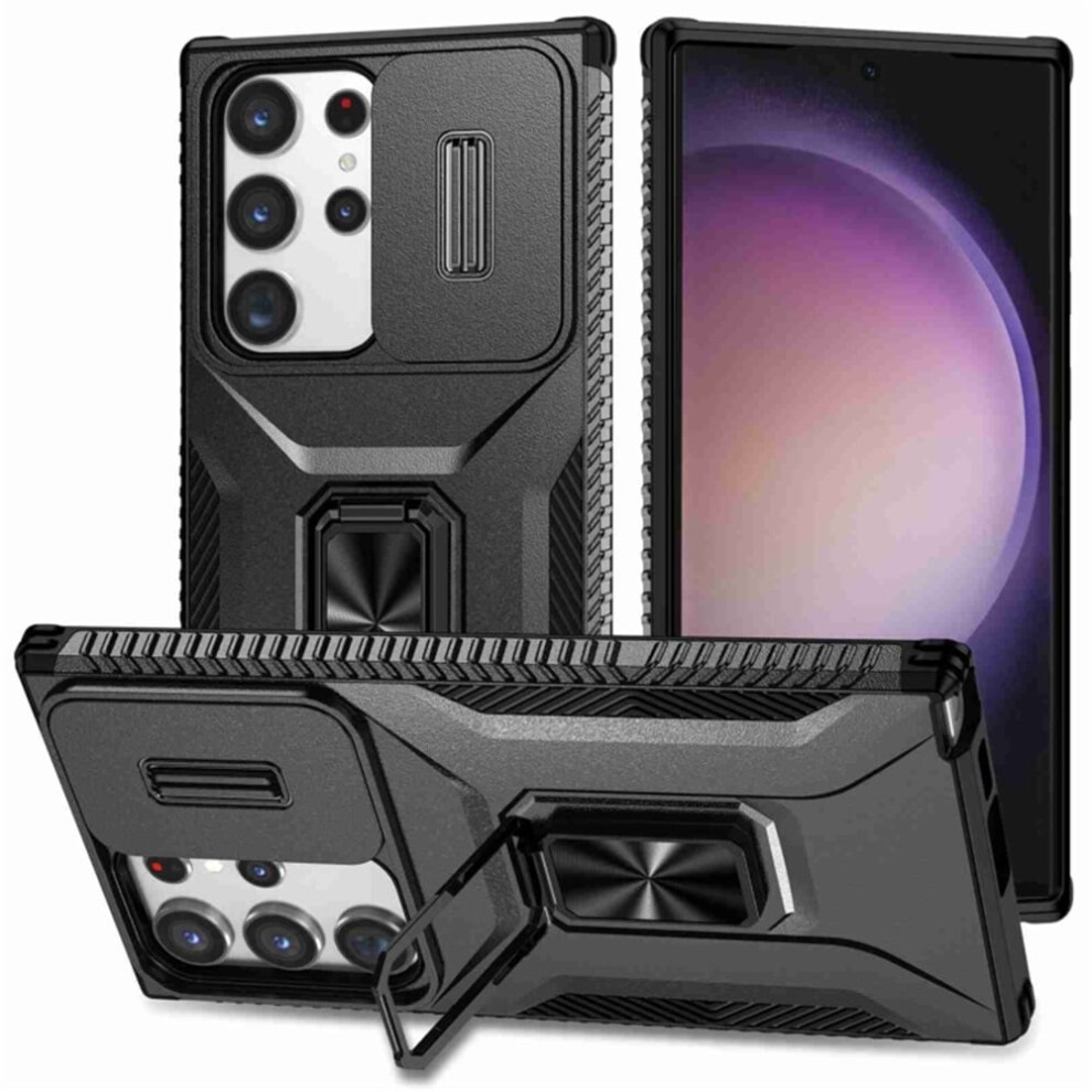 Slim Fit Shockproof Hybrid Case For Samsung Galaxy S23 Ultra 5GâMilitary-Grade, Slide Camera Cover & Rotated Ring Kickstand, Black 9170372113705