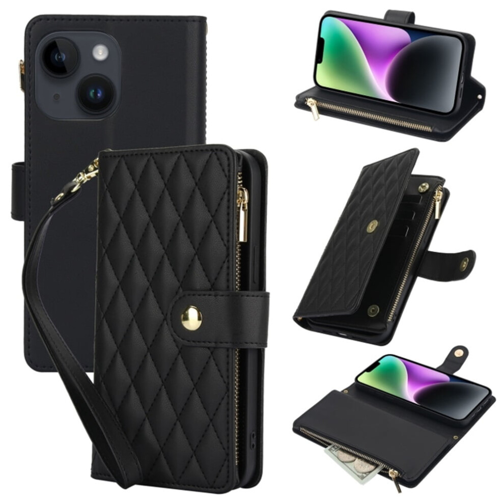 Rfid-Blocking Flip Wallet Case For Iphone 14 (6.1"), With Card Slots, Kickstand, Wrist Strap, Lanyard & Zipper Â Black 9152228505285