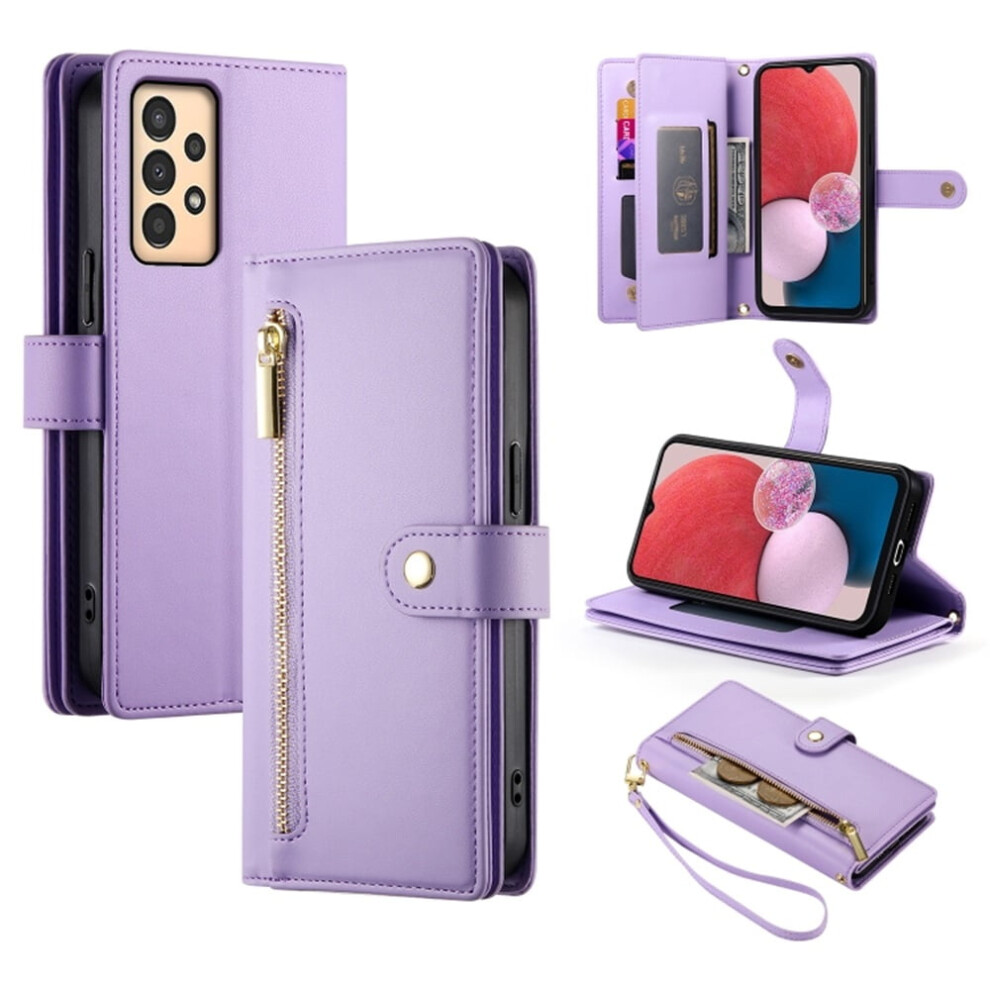Leather Wallet Case For Samsung Galaxy A04/A04s (6.5"), With Multi-Card Slots, Zipper Pocket & Lanyard Strap Purple 9152228505919