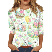 S-3XL Easter 3/4 Sleeve T Shirts for Women Easter Bunny Graphic Crew Neck Holiday Women Tops Summer