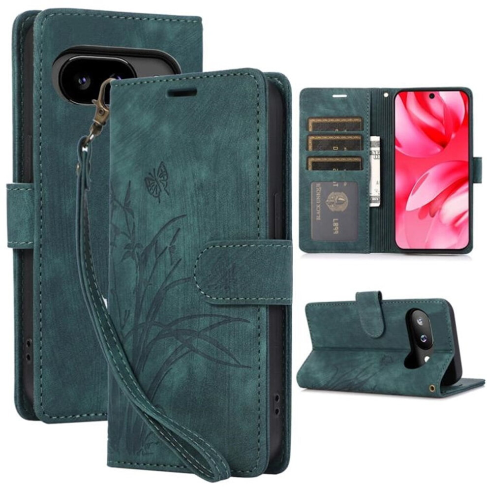 Orchids&Butterflies Embossed Leather Flip Wallet Case With 3-Card Holder & Magnetic Closure For Google Pixel 9A, Green 9165521615681