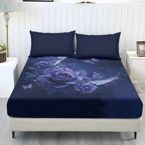 Σετ σεντόνια με τυπωμένα φύλλα Moon Rose Butterfly, σκούρο μπλε, 3 τεμάχια, δροσιστικό