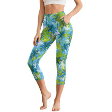 Pálmafás mintás jóga leggings nőknek, sportos capri leggings, magas derekú jóganadrág sportedzőterembe, M