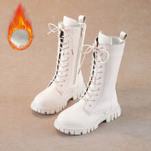 Girls Lace Up Plush Riding Boots Winter Boots Thicken Mid Calf Combat Boots PU Leather Side Zipper Punk Goth Boot Lug Sole Chunky Heels Shoes
