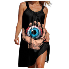 Ärmelloses Damenkleid, lässiges Halloween-Print-Sommerkleid mit Rundhalsausschnitt, A-Linien-Midikleid