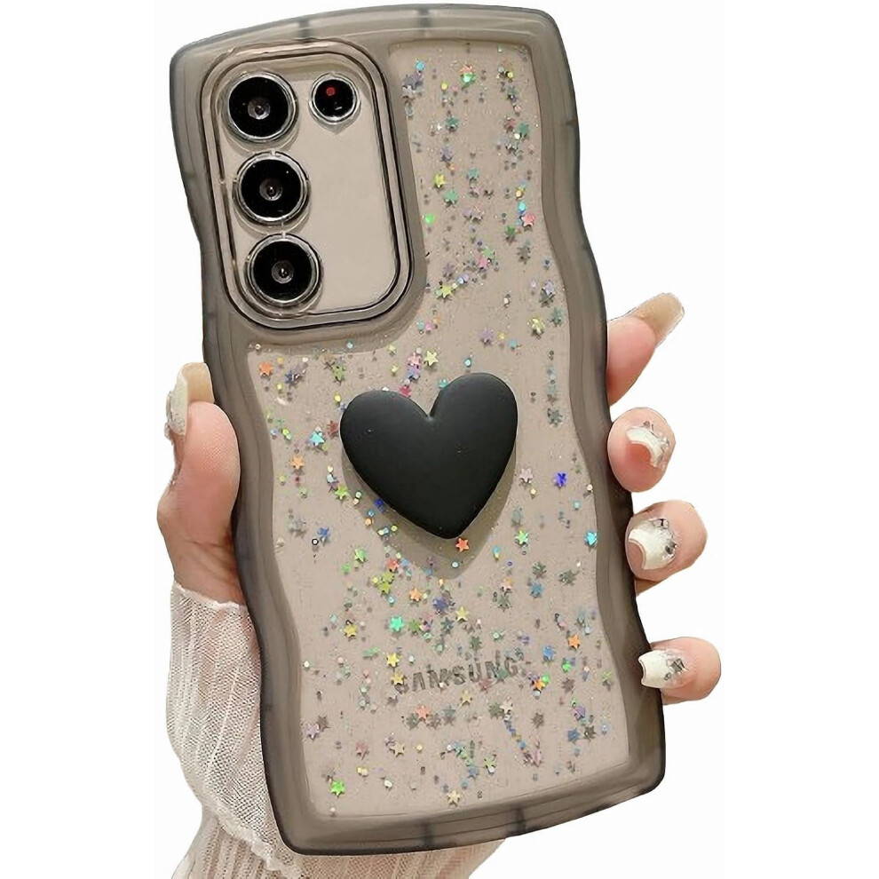 Compatible With Samsung Galaxy S22 Â 3D Love Heart Glitter Clear Case, Curly Wave Frame, Soft Shockproof Cover (Black) Black 9405492241213