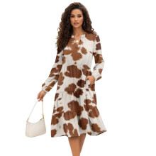 Braunes Kleid mit Kuhmuster für Damen, Midi-Länge mit Taschen, langen Ärmeln, modisches langes Midi-Kleid, Größe L, Rüschen, Stufenrock,
