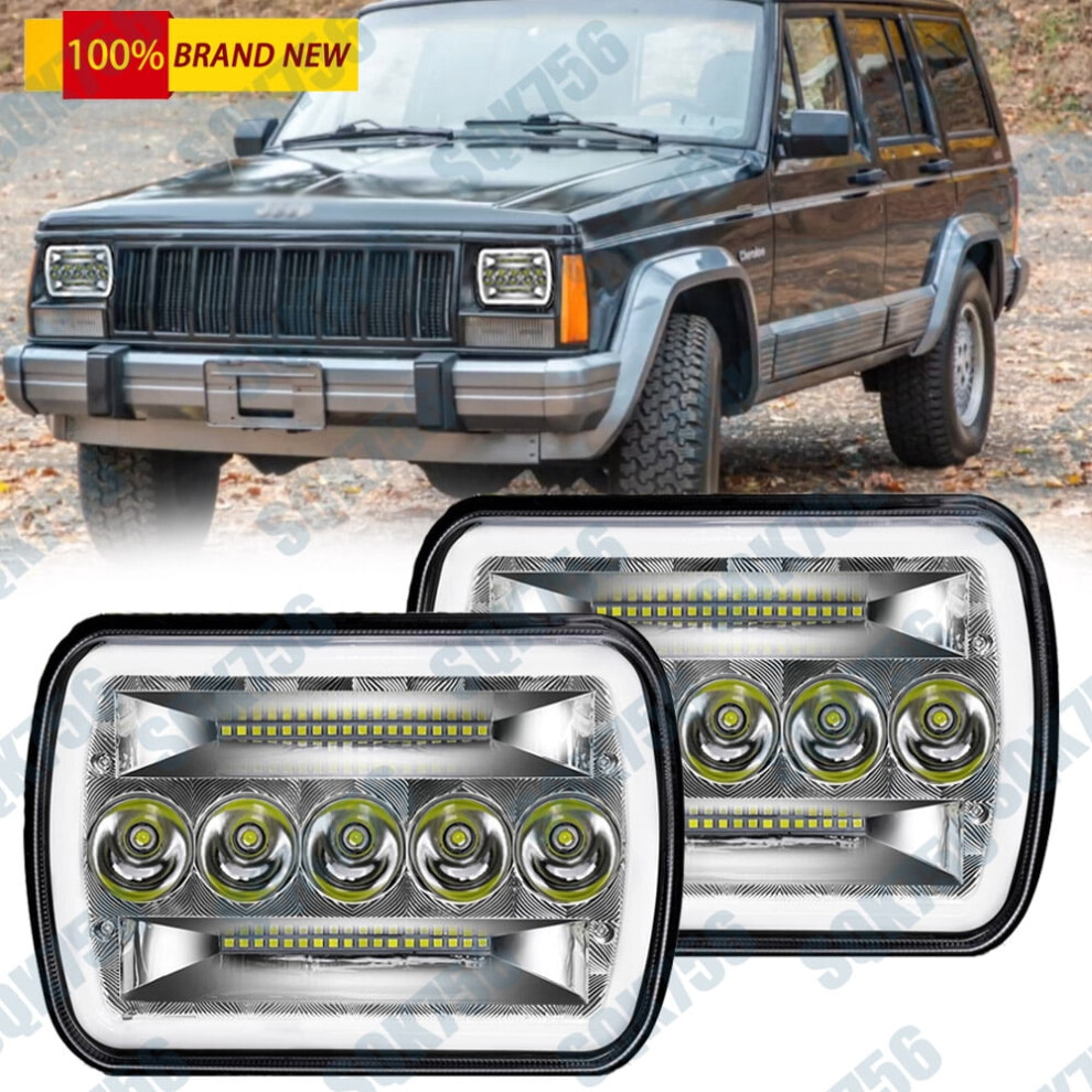 2Pc 7X6 H6054 Led Square Headlights Halo For Jeep Cherokee Xj 1984-2001 Yj Truck 9405492242746