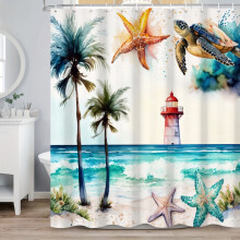 Rideau de douche Océan Côtier, rideau de salle de bain en tissu à motif marin et étoiles de mer avec crochets, 183 x 198 cm