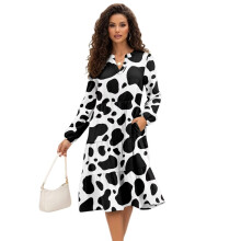 Langärmliges Damenkleid mit Taschen, V-Ausschnitt, Patchwork-Design, leichtes und bequemes Midikleid, Partykleid, Kuhmuster, Größe XL