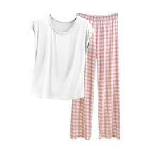 Casual en comfortabele dames top met ronde hals en bijpassende geruite broek, plus size set, roze, maat L