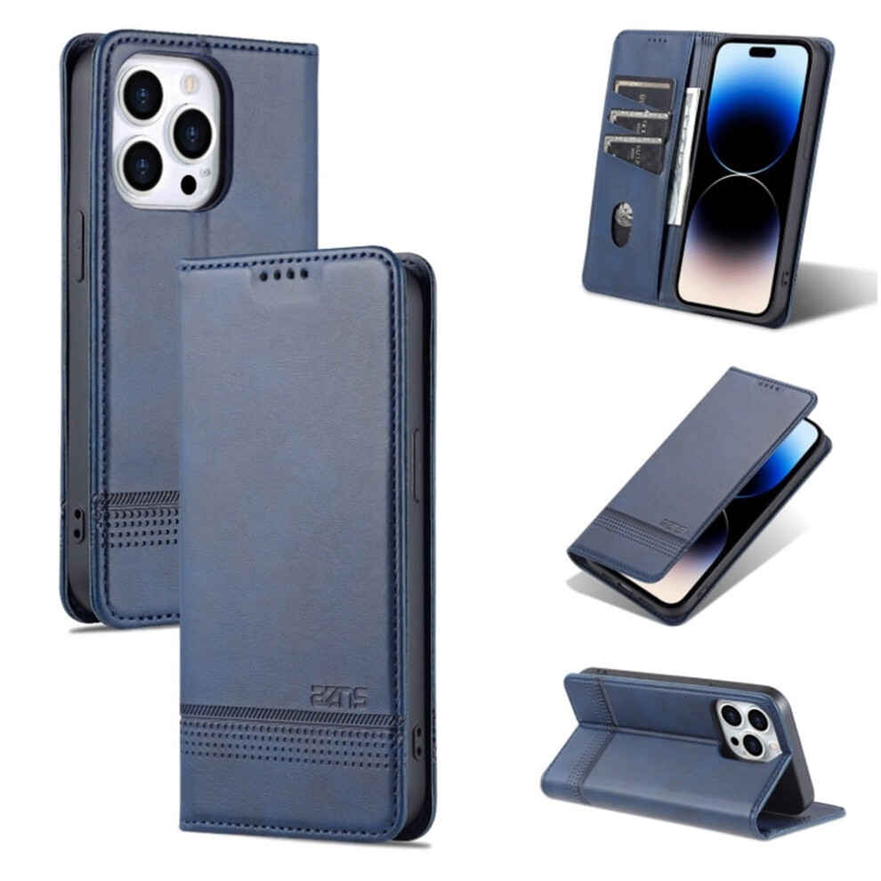 Premium Pu Leather Wallet Case For Iphone 14 ProâTpu Bumper, Card Slots, Kickstand, Magnetic Closure, Shockproof, Blue 9405492241718