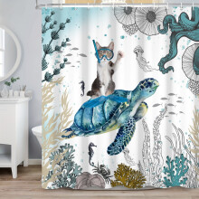 Rideau de douche Tortue marine et chat, rideau de salle de bain en tissu motif océan et littoral pour enfants, 183 x 183 cm