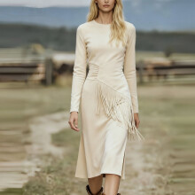 Damenkleid im Western-Stil mit Rundhalsausschnitt, langen Ärmeln und Fransen, schmal geschnitten