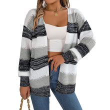 Gilet cardigan léger pour femme, ouvert sur le devant, en maille douce et respirante, manches longues, coupe ample, style patchwork et rayures.