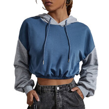 Korte trui met gestreepte manchetten en raglanmouwen, korte hoodie met trekkoord in de capuchon, sweatshirt met lange mouwen van een katoen-polyester