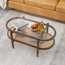 Mesa auxiliar de centro con tablero de cristal y estante de ratán 102 x 56 x 47 cm marrón