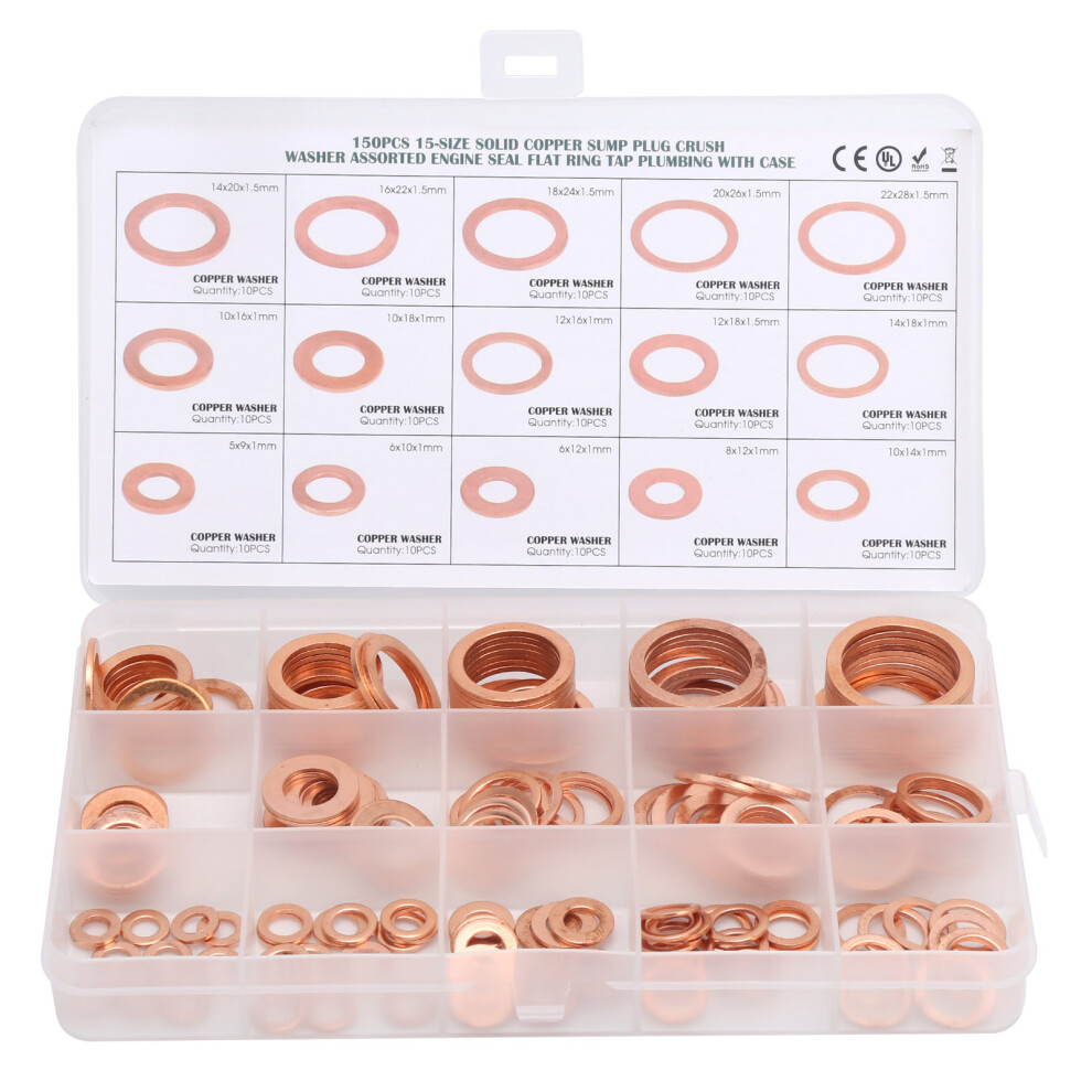150Pc Copper Gasket Flat Washer Assortment Red