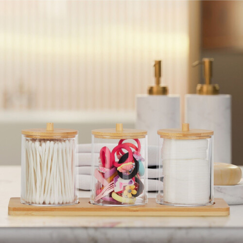 Badezimmer-Organizer-Set mit Bambustablett und Deckeln 1