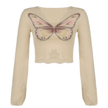 Fairycore Grunge Crop Top Kvinder Kortærmet V-hals Sommerfugl Hjerte Grafisk Print Retro E Girl T-shirt til Afslappet Nattøj