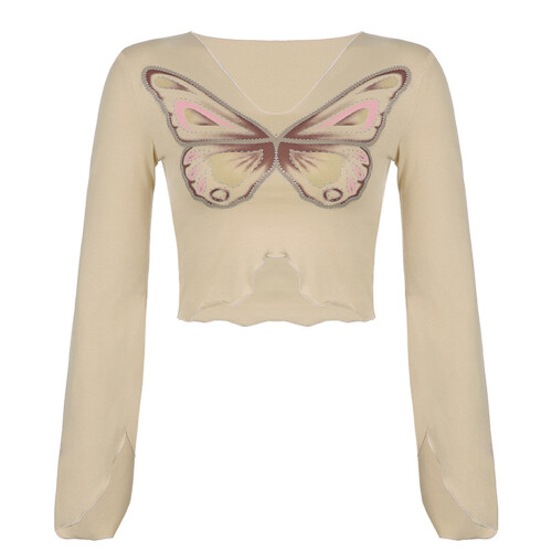Fairycore Grunge Crop Top Γυναικείο Κοντομάνικο V Λαιμόκοψη Πεταλούδα Καρδιά Γραφική