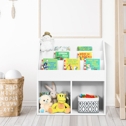 Libreria per bambini in legno con 3 ripiani e 2 ripiani, scaffale per giocattoli bianco
