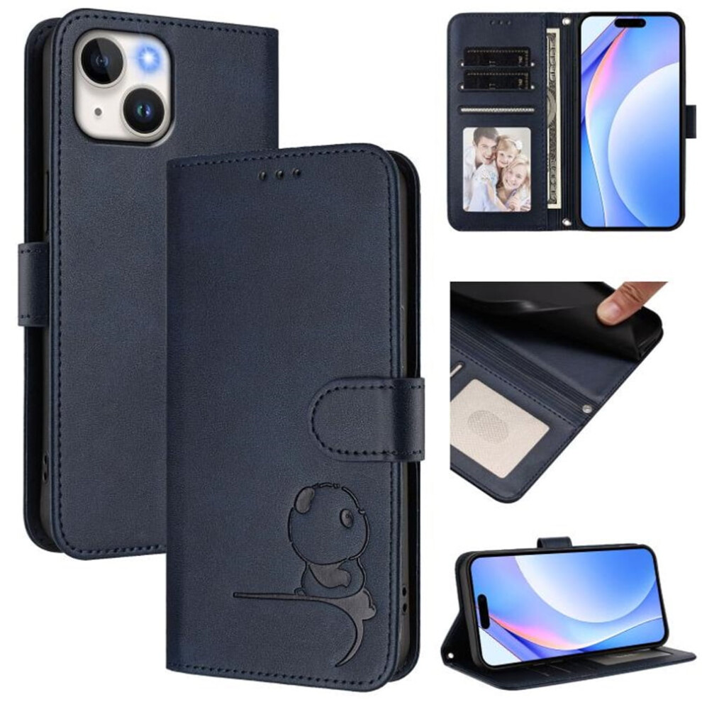 Litter Panda Embossed Leather Iphone 14 Case With Rfid Wallet, Magnetic Clasp, Lanyard & Flip Stand Â Blue 9558633024418